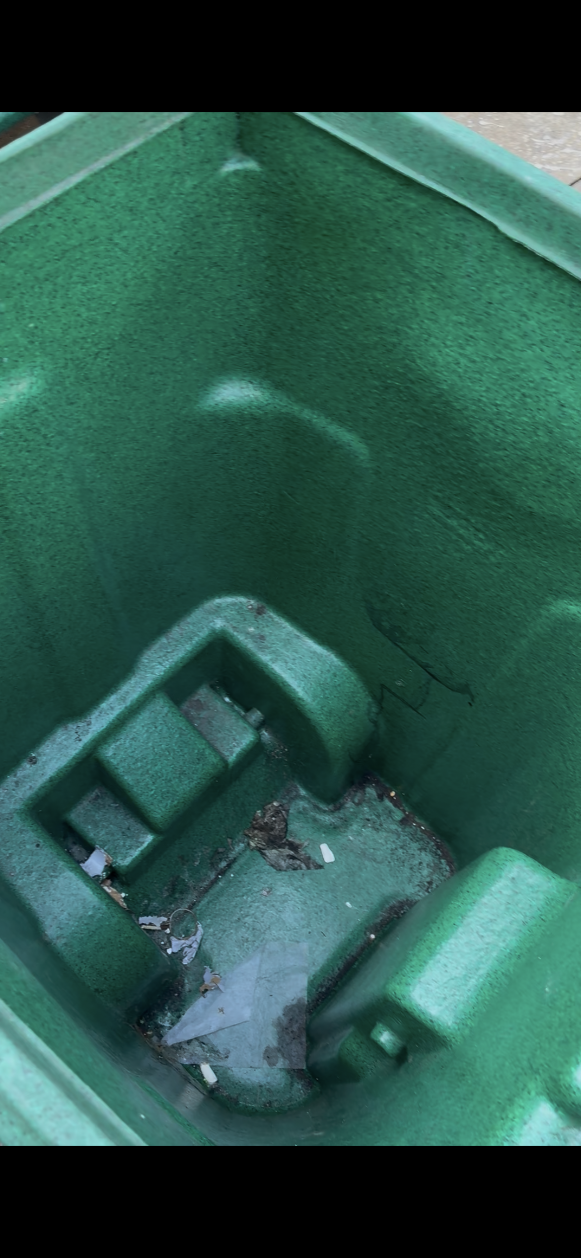 Dirty trash bin interior before cleaning — debris and grime visible
